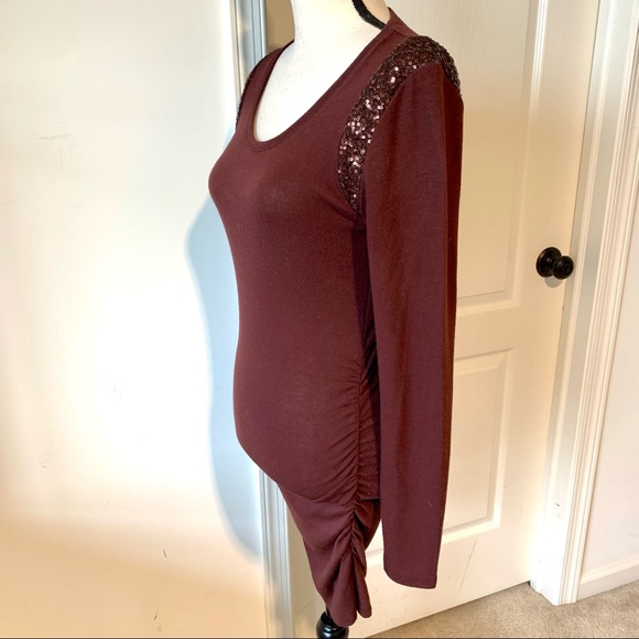 ANN TAYLOR Burgundy Sequin Shoulder Ruched Lightweight Sweater/Dress—SZ.… - Picture 2 of 10